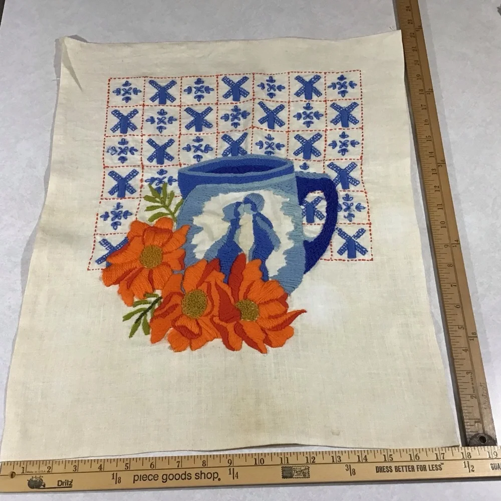 Vtg Embroidered Dutch Windmills Mug Picture Flowers Kissing Blue Orange White